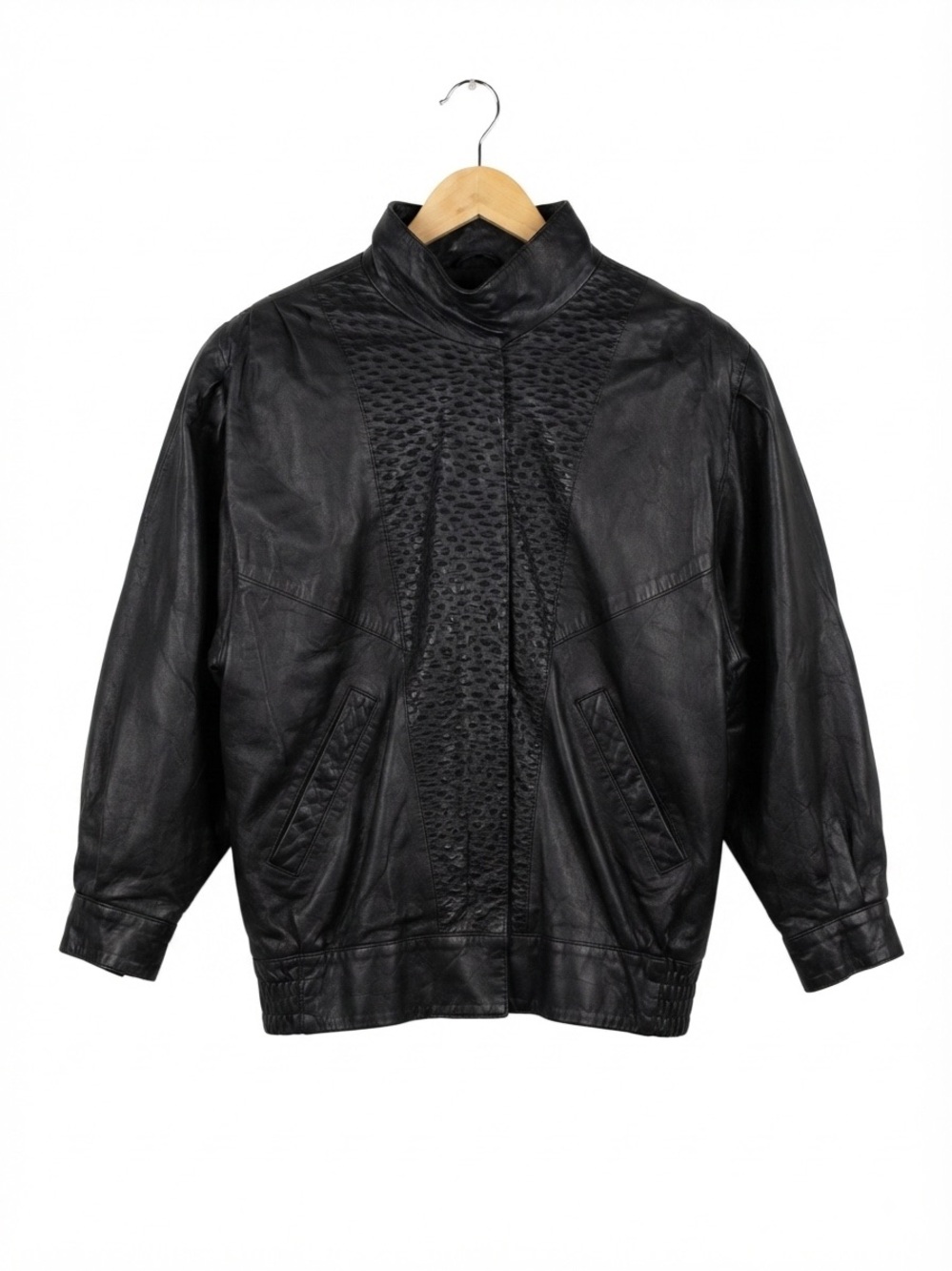 Diane Leopold Vintage 80s Black Leather Bomber Jacket Textured Panels Small